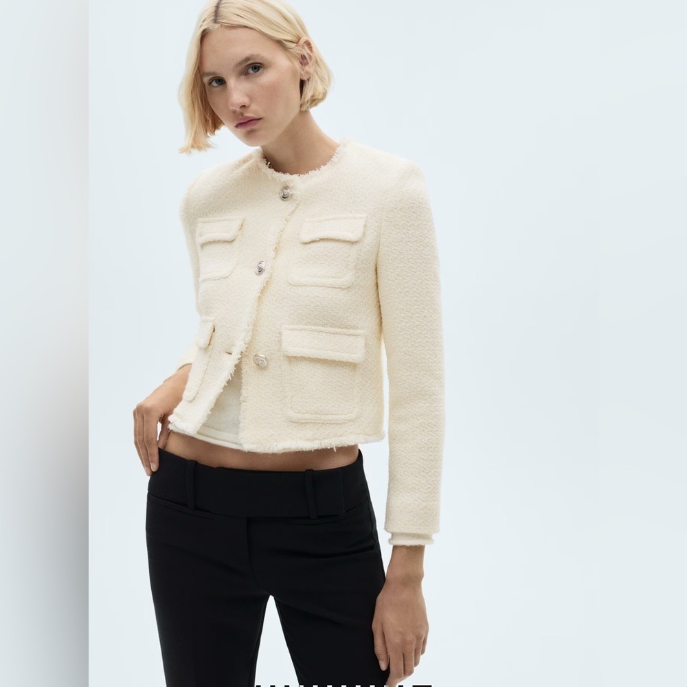 MANGO Pocket Tweed Jacket - Ecru / Beige - Size L